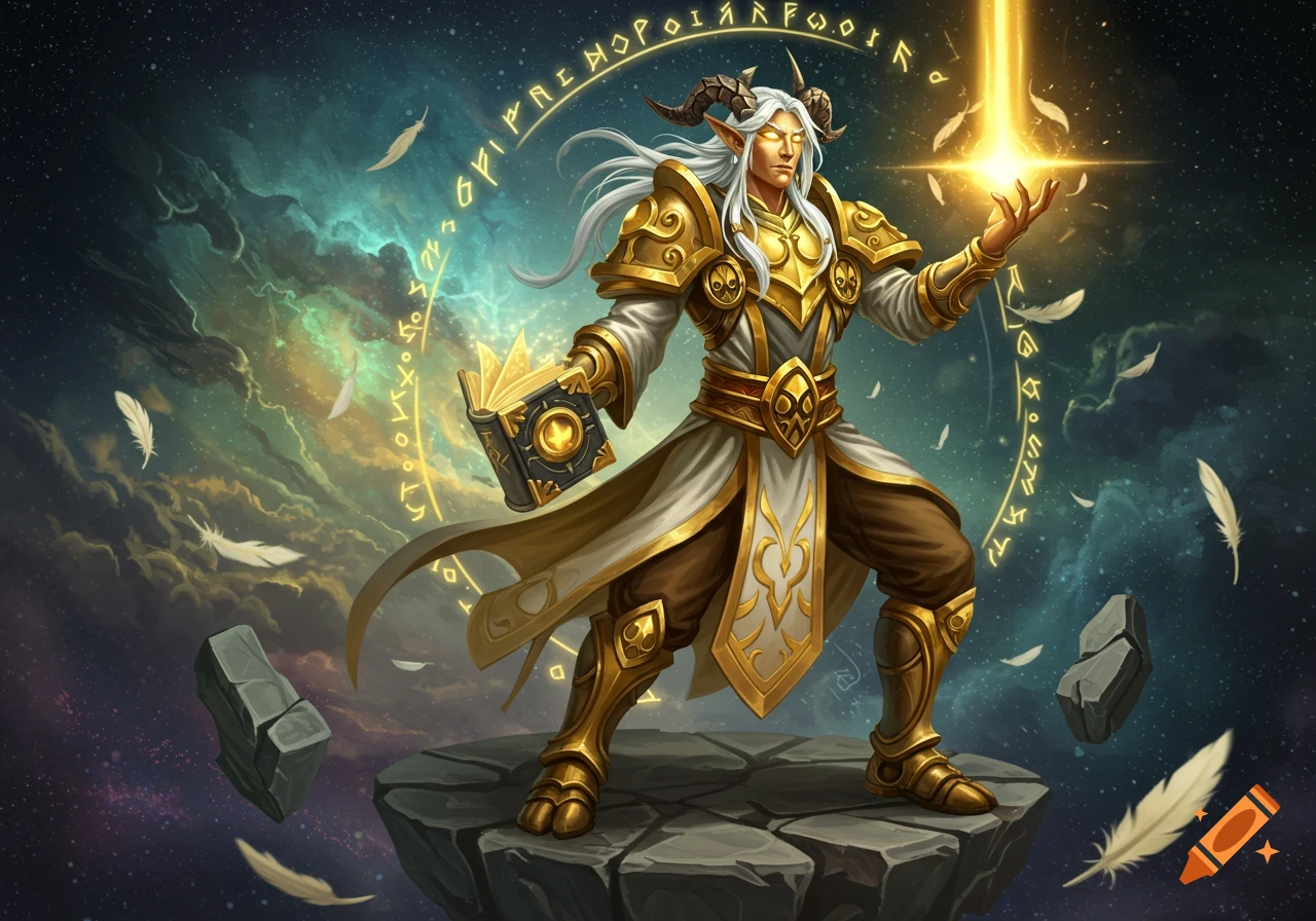 A fantasy warrior with horns and glowing eyes in golden armor stands on a floating rock, channeling golden energy amidst cosmic skies and glowing runes.