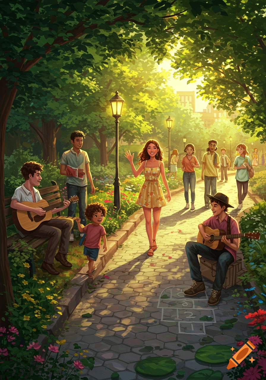 An illustrative scene of people in a sunny park with green trees. A girl waves on a path, while musicians play guitars and a child walks nearby.