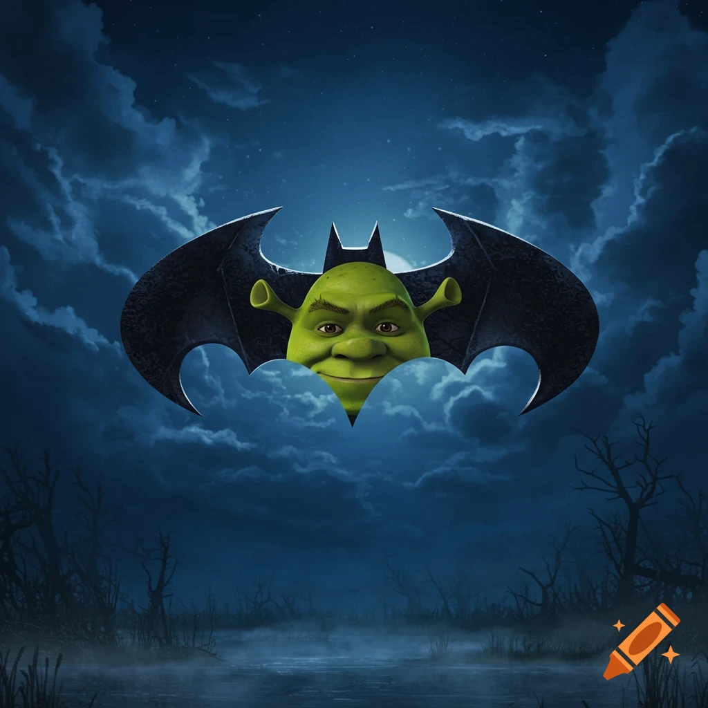 Shrek's head peeks from clouds behind a large Batman symbol in a dark, moonlit swamp scene.