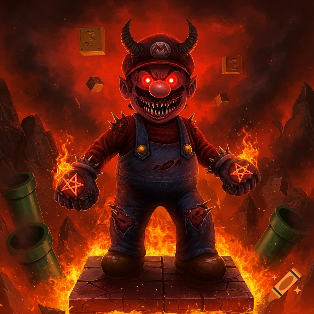 A demonic, spiky Mario with horns, glowing red eyes, and sharp teeth stands on a stone block in a fiery, hellish landscape.