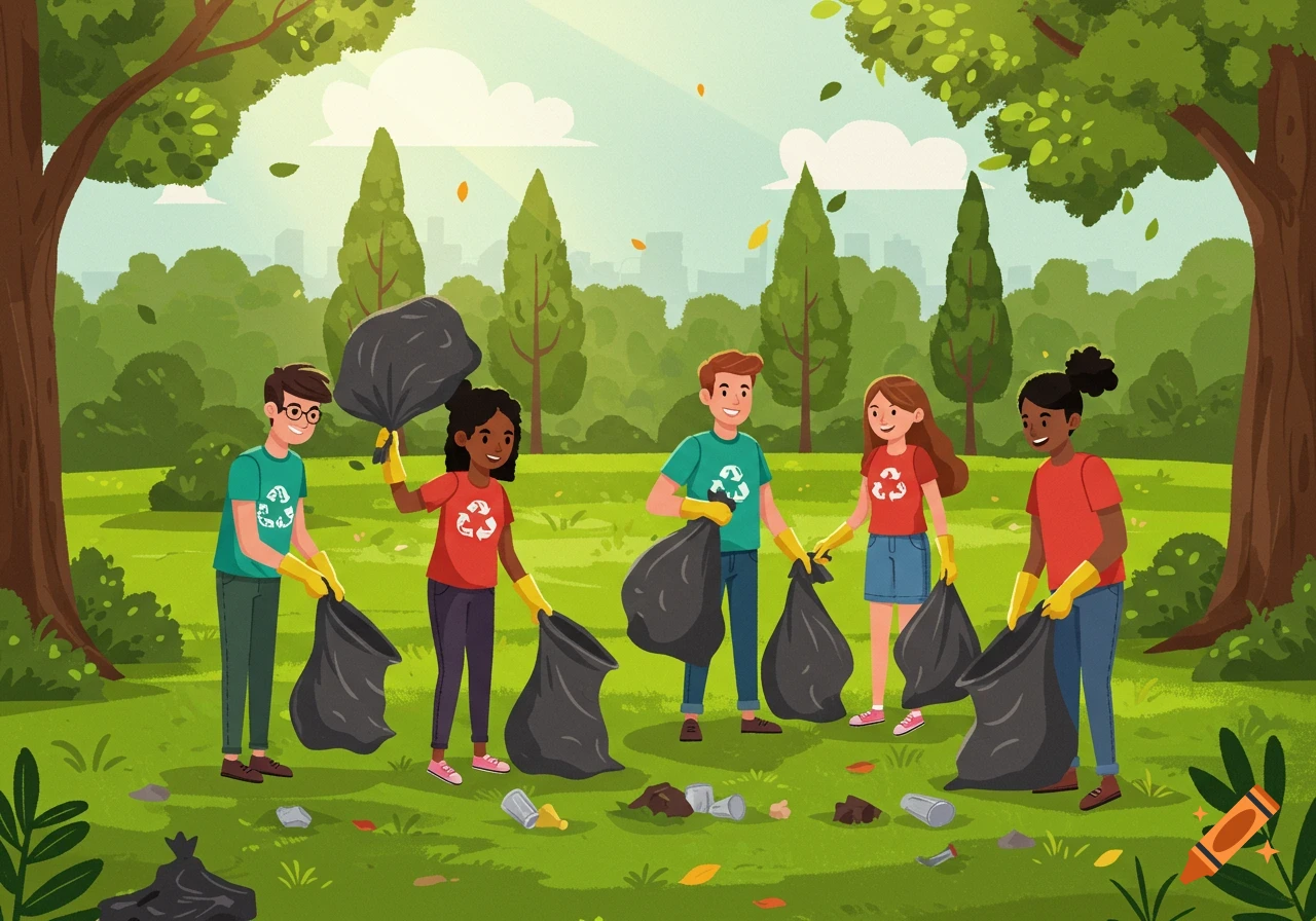 Cartoon vector illustration of diverse volunteers cleaning up trash in a sunny park, wearing gloves and holding black garbage bags.