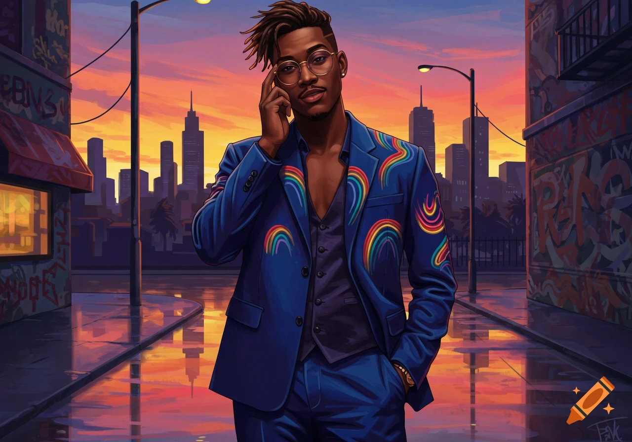 Stylized portrait of a man in a blue suit with rainbow patterns, standing on a wet city street at sunset.