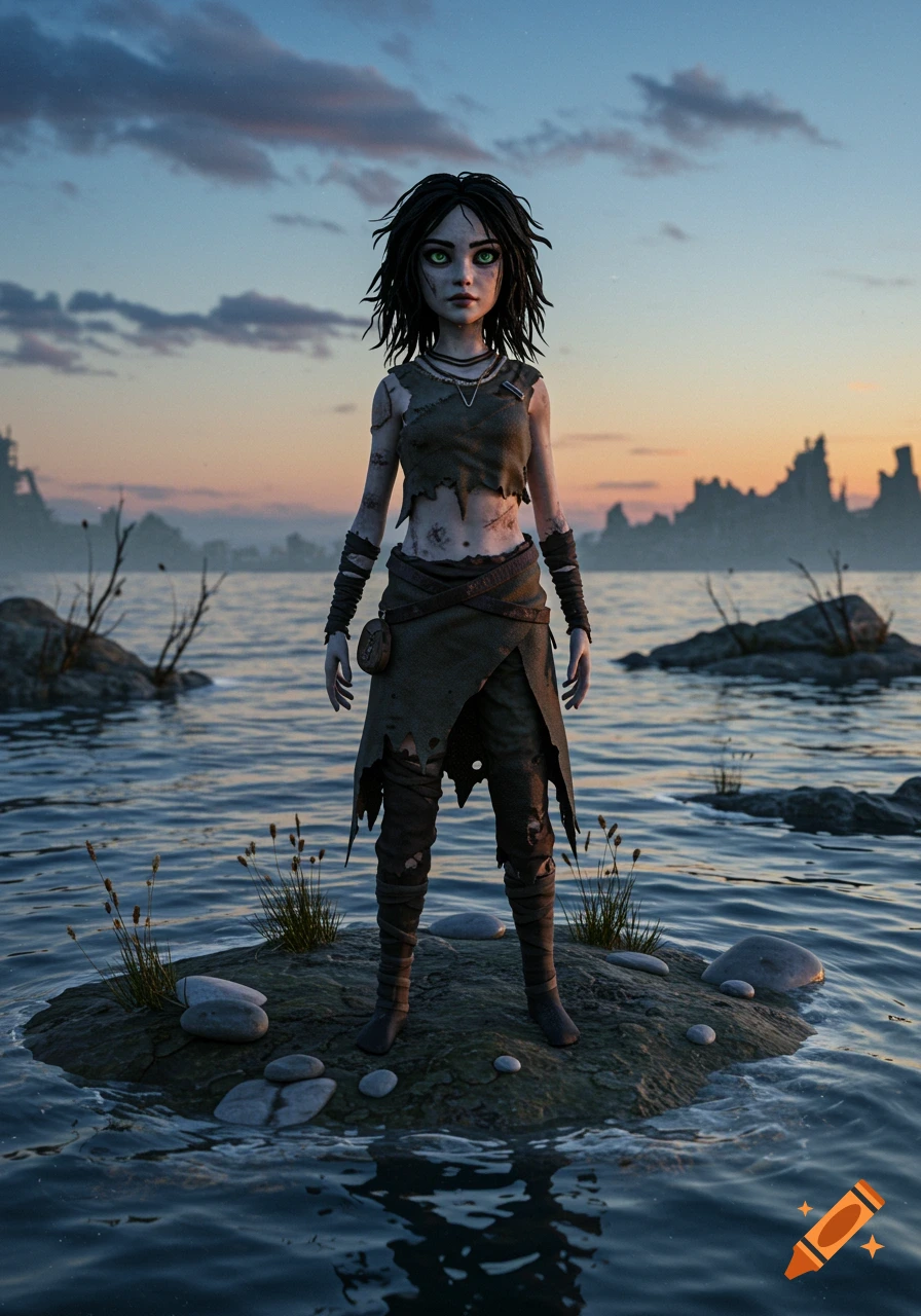 A solemn young girl with dark messy hair and green eyes, wearing tattered clothes, stands on a small rocky island in the water at sunset.