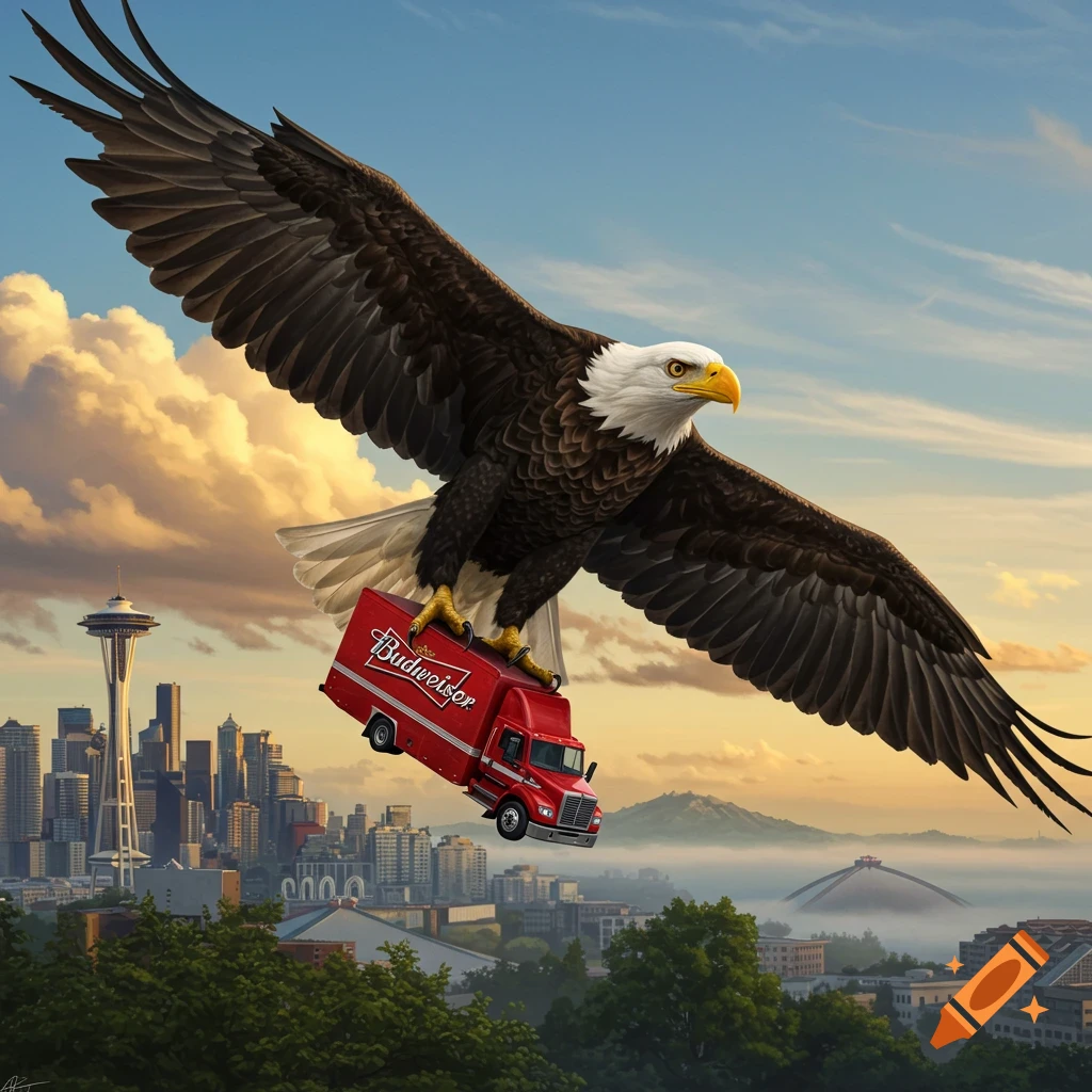 A large bald eagle flying over a city skyline at sunset, carrying a red Budweiser truck in its talons. The Seattle Space Needle is visible in the background.