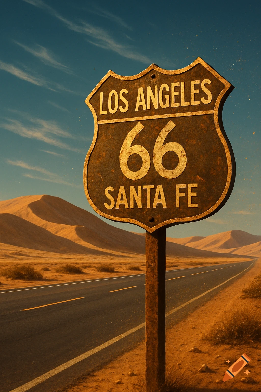 A vintage Route 66 sign in a desert landscape with a long road under a blue sky.