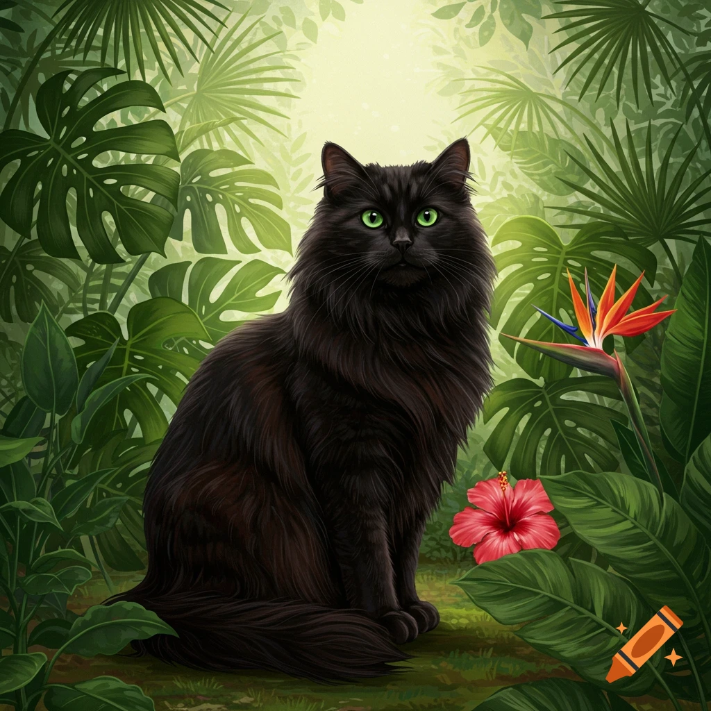 A majestic black cat with vivid green eyes sits amidst lush tropical foliage, featuring monstera leaves, hibiscus, and bird of paradise flowers.