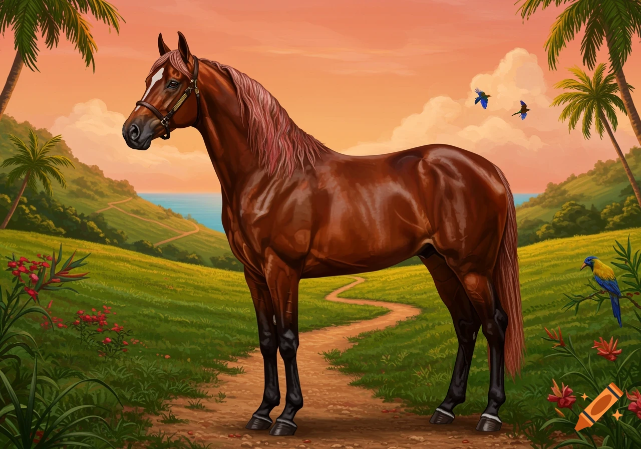 A brown horse stands on a winding path in a vibrant tropical landscape with green hills, palm trees, and an ocean view under a sunset sky.