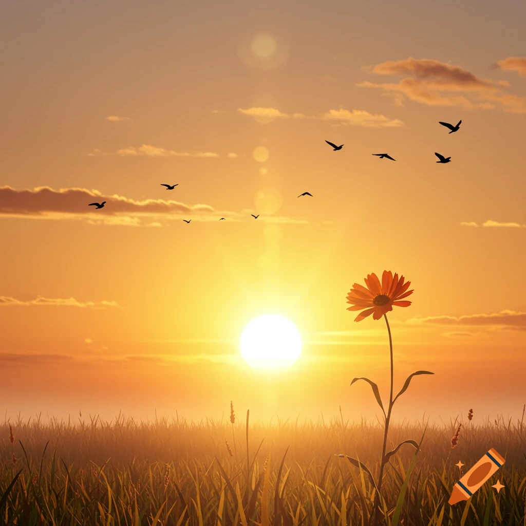 A photorealistic golden sunrise over a grassy field with a single orange flower and silhouetted birds flying.