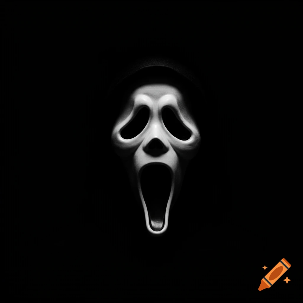 The iconic Ghostface mask from the Scream movie series, dramatically lit against a black background.