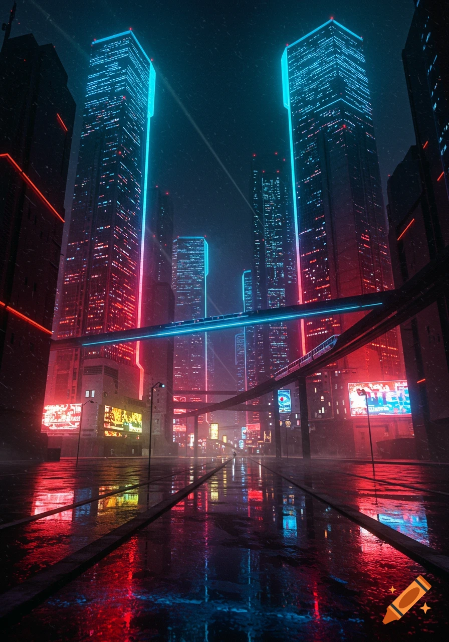 A neon-lit futuristic city at night, with towering skyscrapers, a monorail, and wet streets reflecting vibrant blue and red lights.