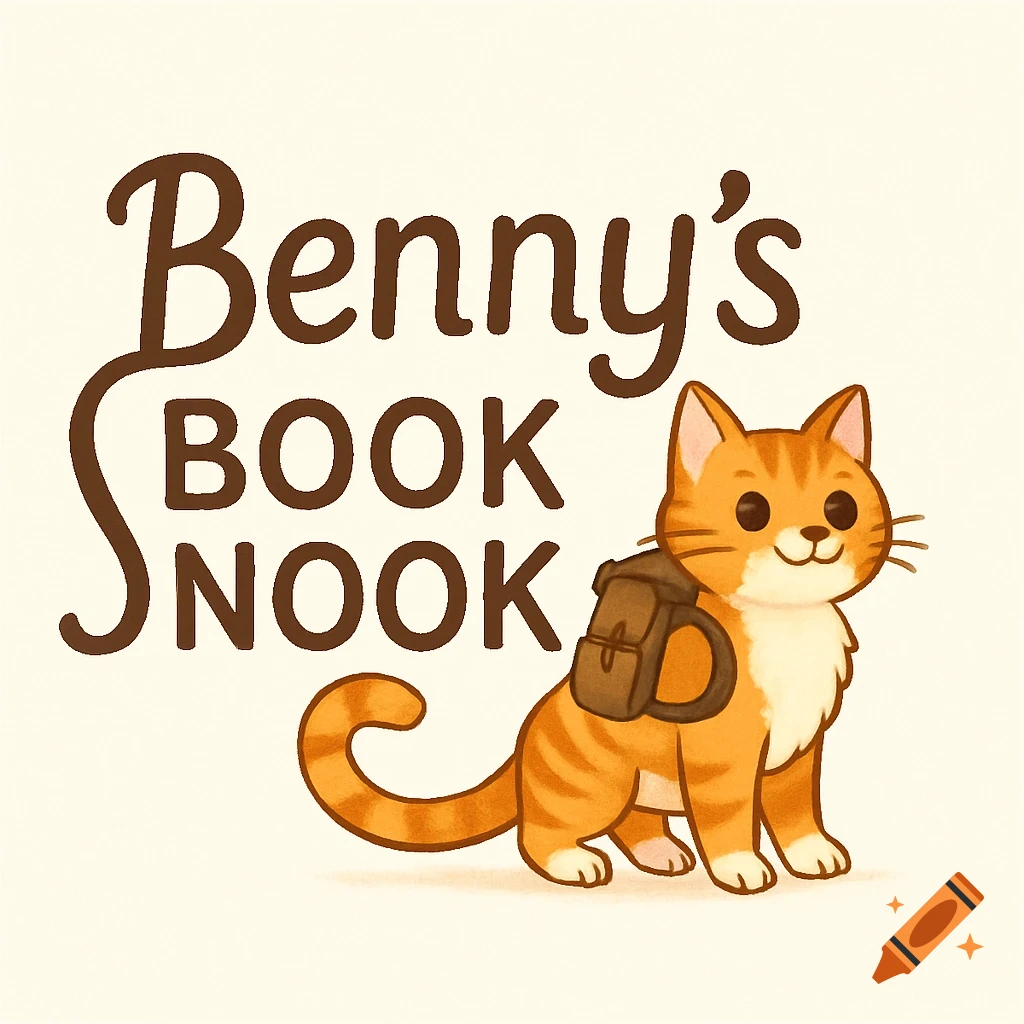Cartoon logo with an orange striped cat wearing a brown backpack, sitting next to the brown text "Benny's BOOK NOOK" with a stylized 's'.