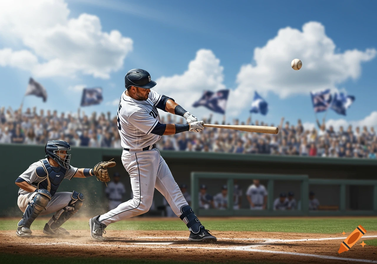 Photorealistic image of a baseball player swinging a bat, with a catcher and blurred crowd in a stadium under blue sky.