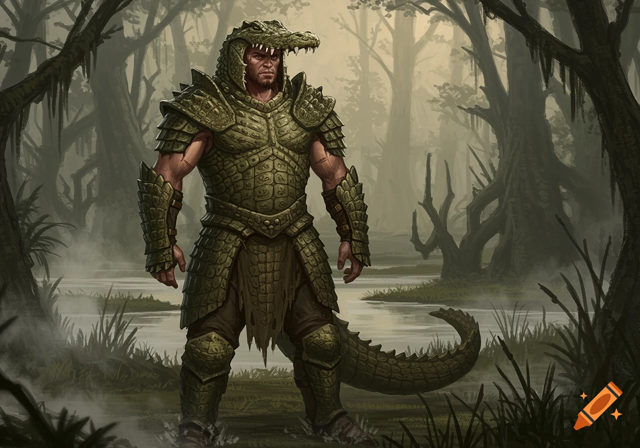 A muscular man in green crocodile scale armor and a crocodile head helmet stands in a misty swamp.