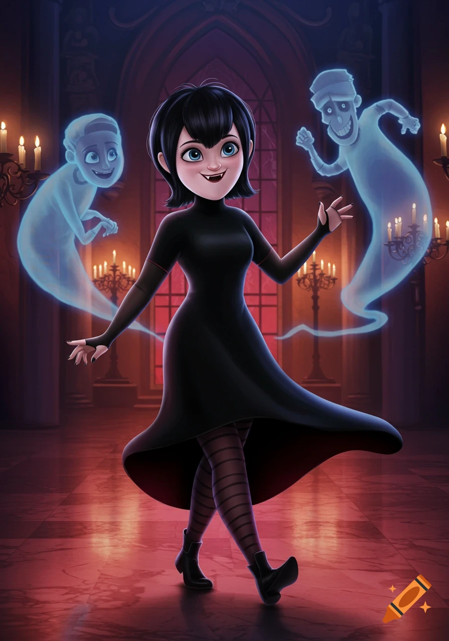 Mavis from Hotel Transylvania in a black dress, with two light blue ghosts, in a dimly lit, grand hall with candles.