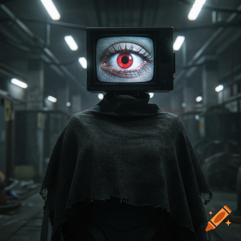 Photorealistic image of a robot with a TV head displaying a creepy red eye, draped in a dark tattered cloth in a dystopian hallway.