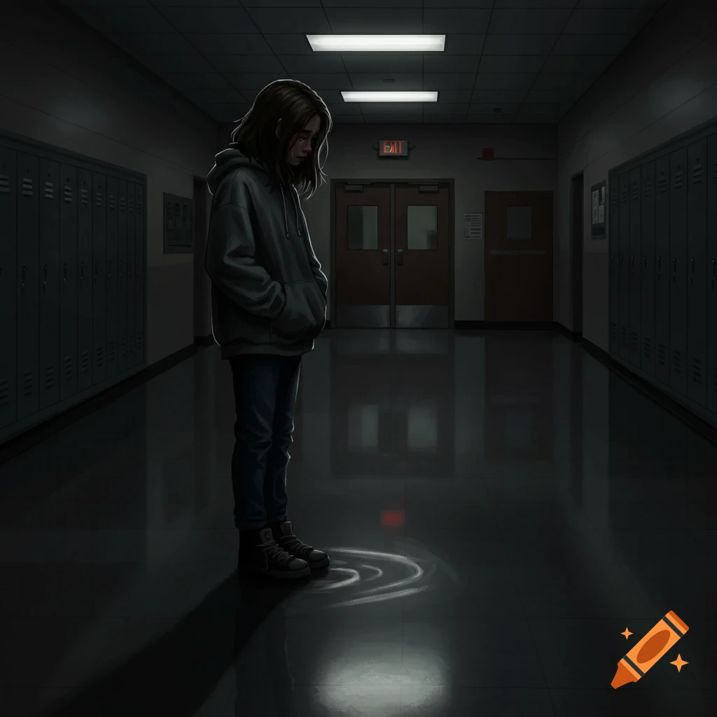 A sad student girl stands alone in a dark school hallway with lockers and an exit sign, illustration.