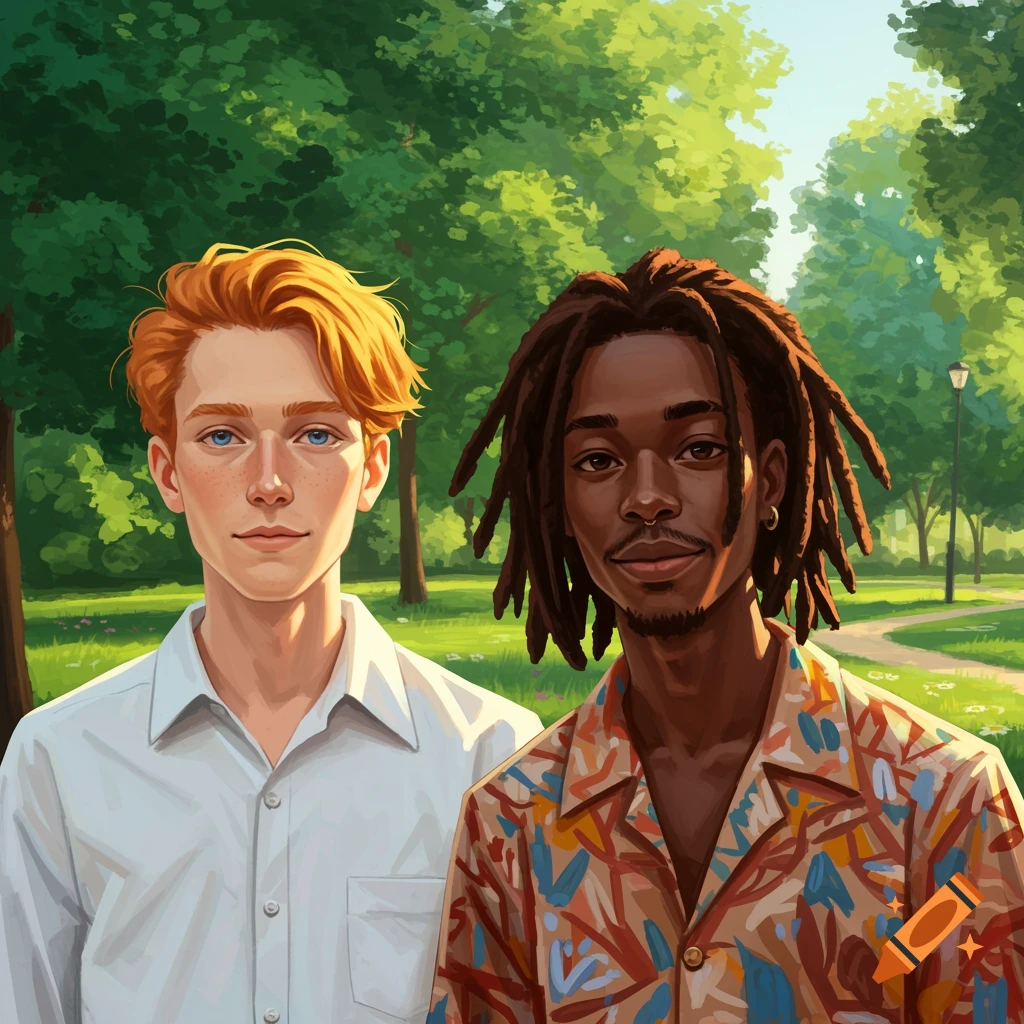 Illustrated portrait of a white man with ginger hair and a Black man with dreadlocks standing in a sunny park.