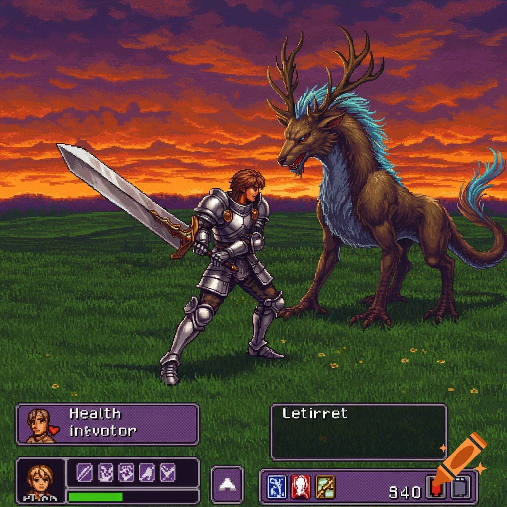 A pixel art screenshot of a knight battling a deer-like creature in a grassy field with a sunset sky and RPG game UI.