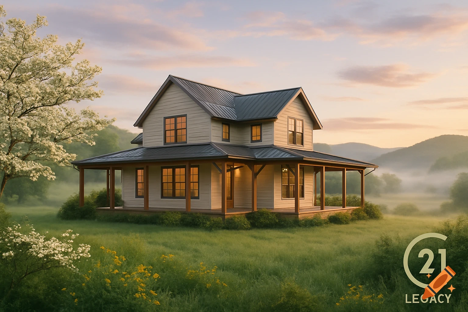 A photorealistic image of a modern farmhouse with a porch, surrounded by green fields and flowering trees, with misty mountains in the background at sunrise or sunset.