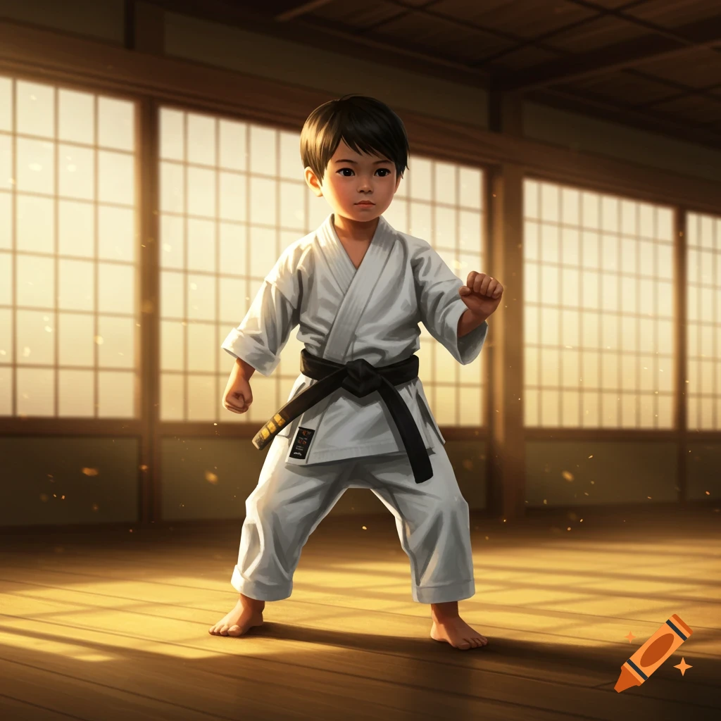 A young child in a white karate gi and black belt stands in a dojo in a ready stance, looking determined. Photorealistic style.