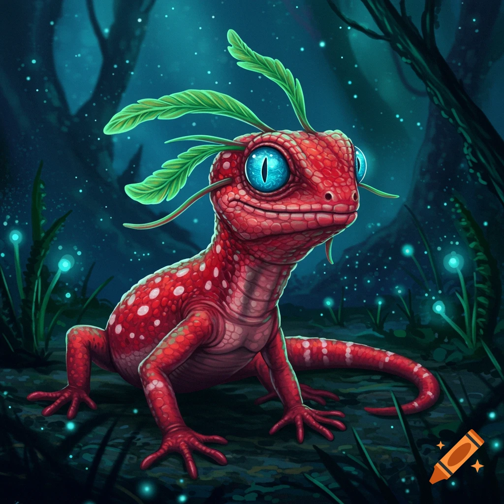 A cute, red, spotted lizard-like creature with large blue eyes and leafy antennae sits in a glowing, dark fantasy forest.