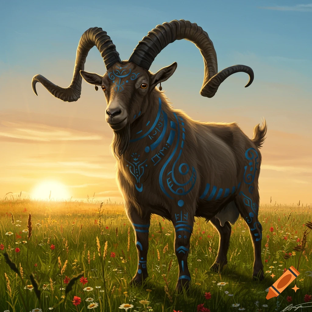 A goat with blue patterns on its fur stands in a wildflower field at sunset.
