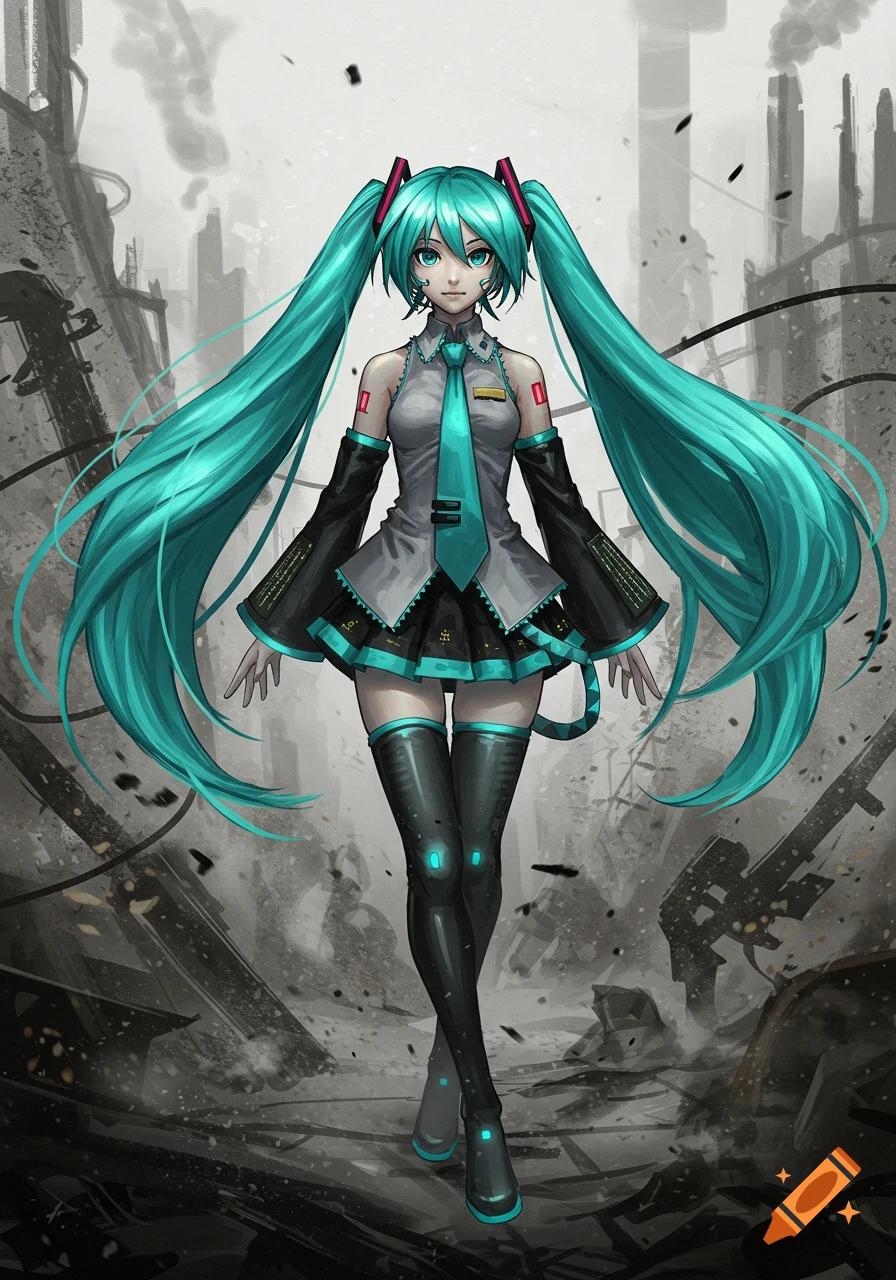 Hatsune Miku in a dark, stylized outfit against a ruined cityscape, in the gritty style of Yuji Shinkawa.