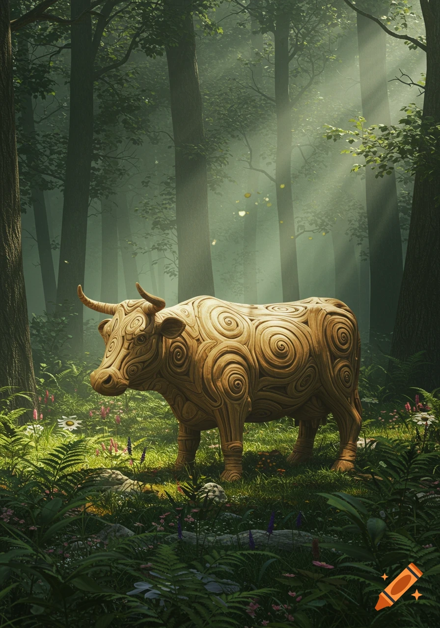 A wooden cow with carved spiral patterns stands in a sunlit, misty forest with lush green ferns and wildflowers.