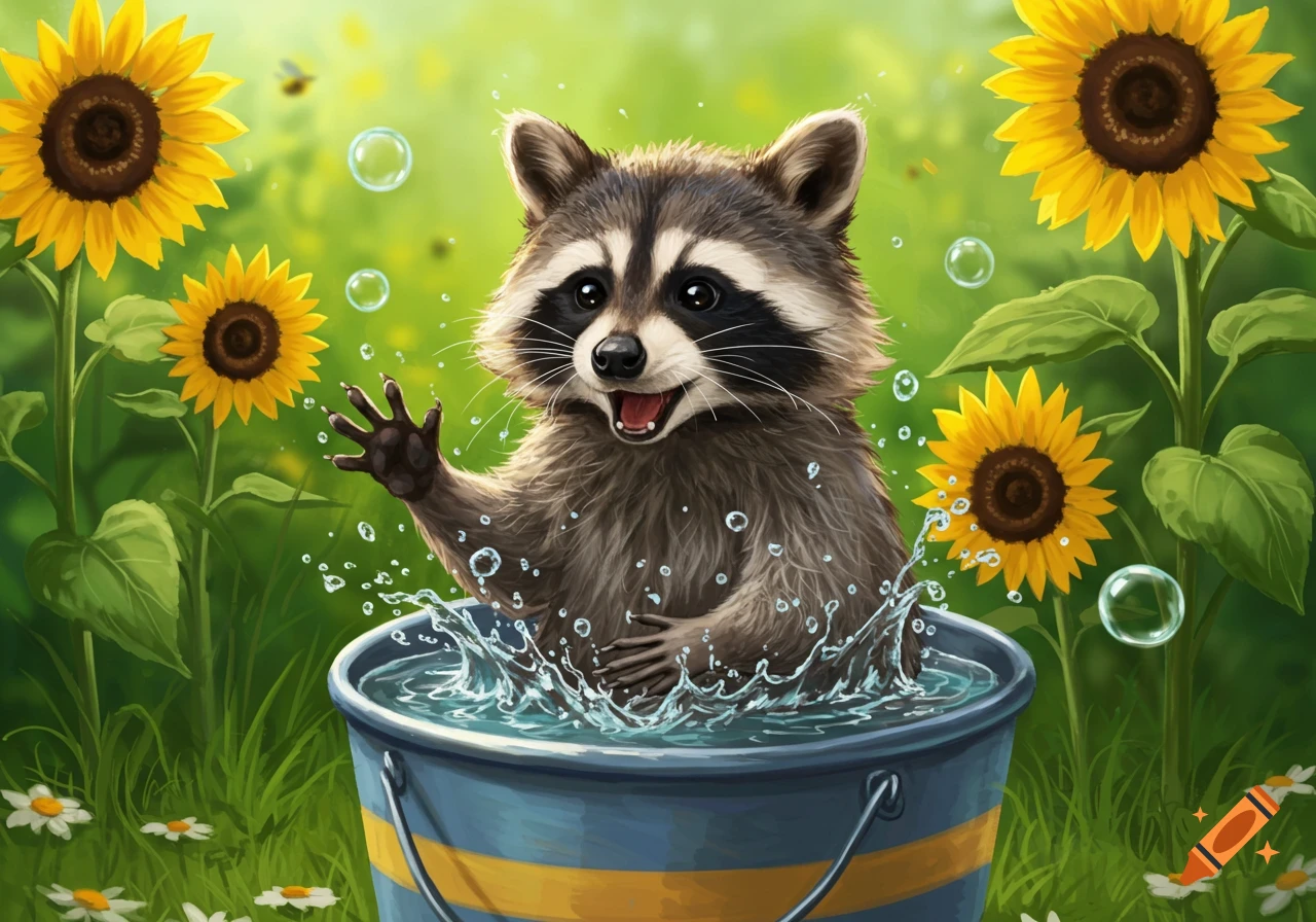 A cute, cartoonish raccoon smiles and waves while bathing and splashing in a blue bucket, surrounded by yellow sunflowers.