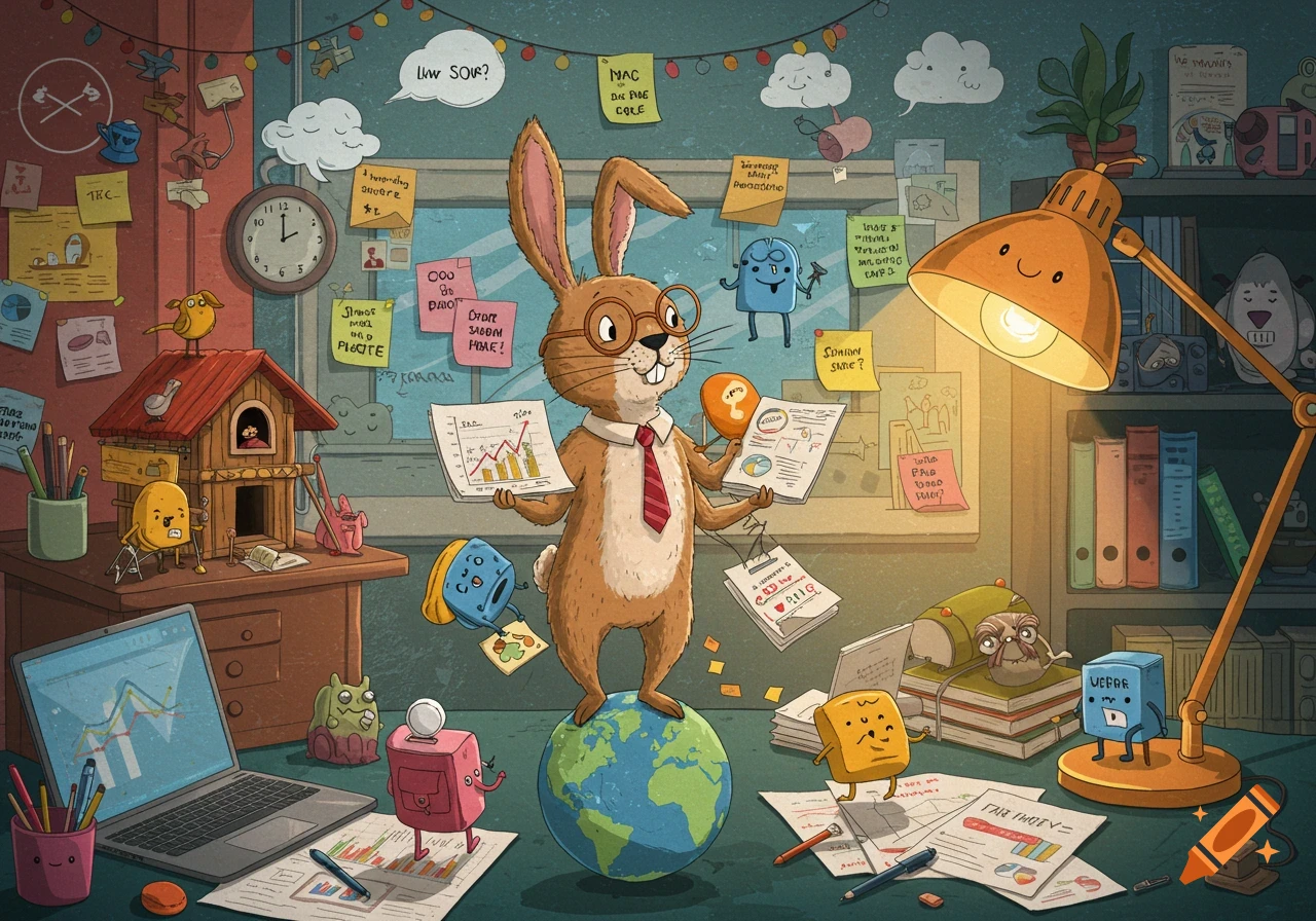 A busy cartoon office with a rabbit in glasses and a tie balancing on a globe, holding charts. Many humorous characters and sticky notes surround the desk.