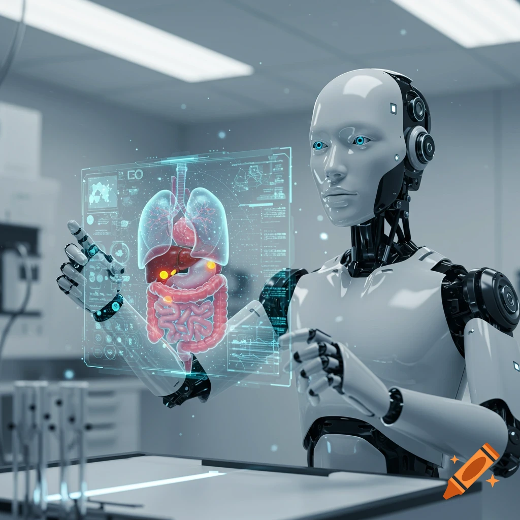 A white and black robot with blue eyes interacts with a translucent holographic display showing human internal organs in a sterile, futuristic lab.