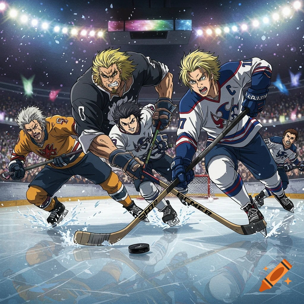Anime-style characters intensely playing hockey on an ice rink, with bright stadium lights.