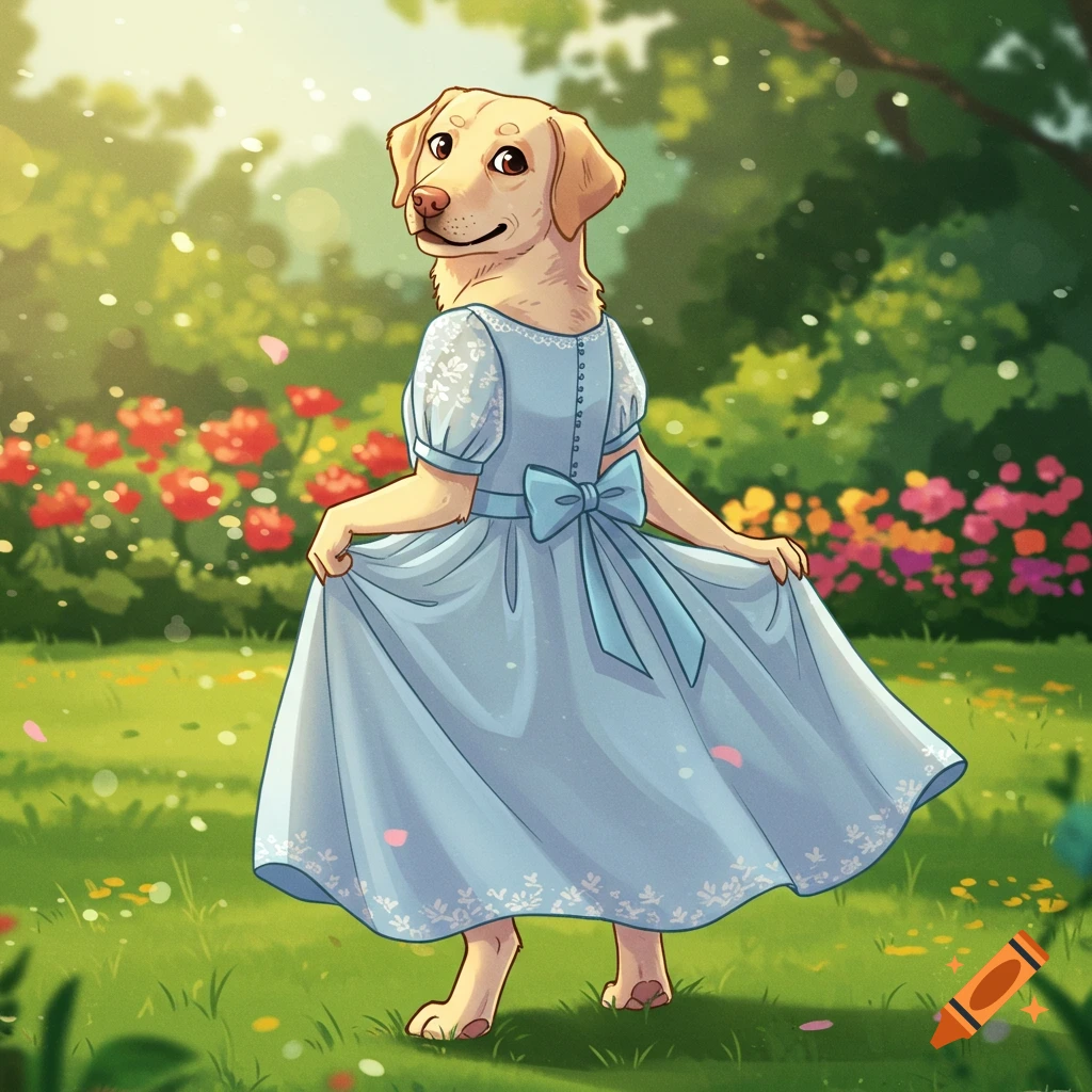 A cartoon yellow labrador wearing a blue dress stands in a vibrant garden, looking over its shoulder.