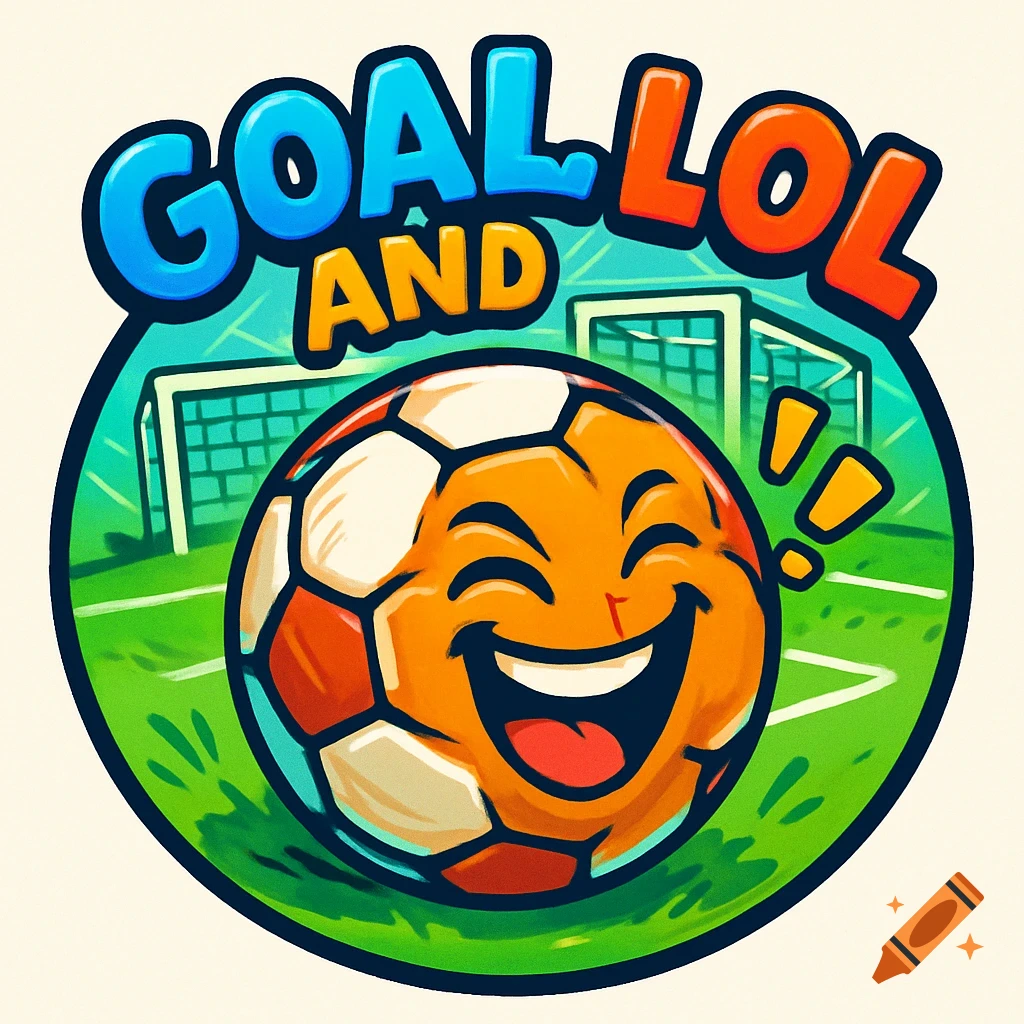 Cartoon logo with a happy orange football in front of green goalposts and pitch, text 'GOAL AND LOL' above.