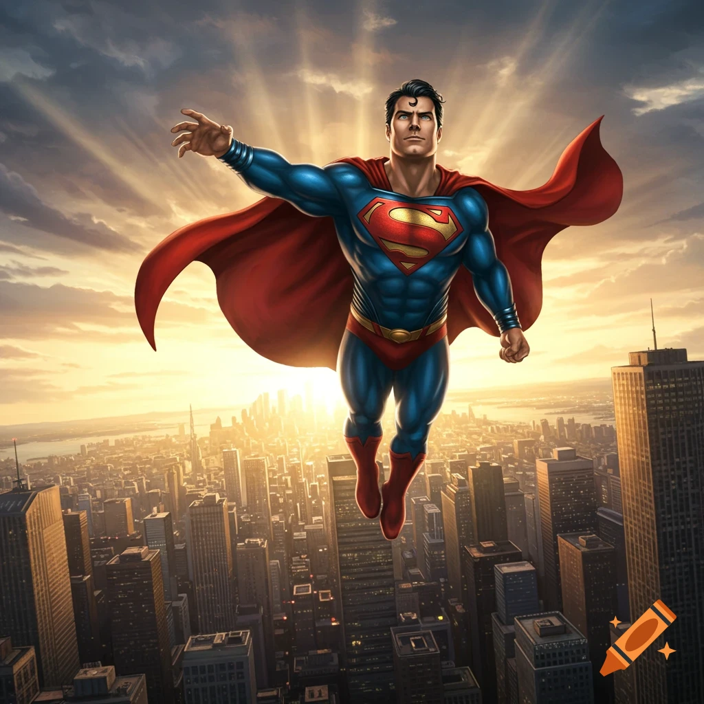 Superman flying high above a sprawling city at sunset, with golden light rays emanating from behind him.