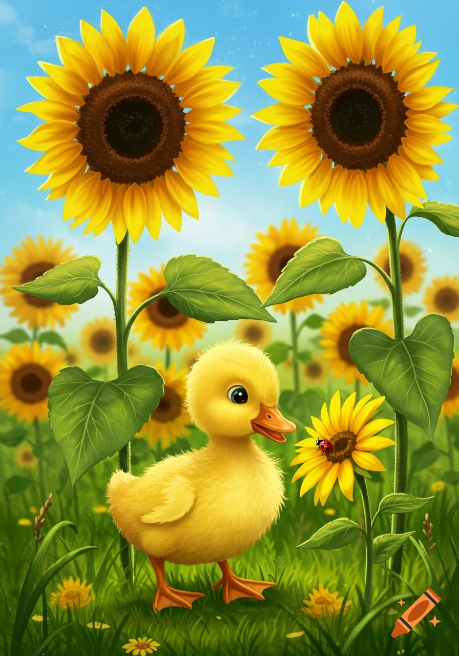A super cute yellow duckling stands in a vibrant green meadow filled with tall sunflowers under a bright blue sky, in an illustration style.