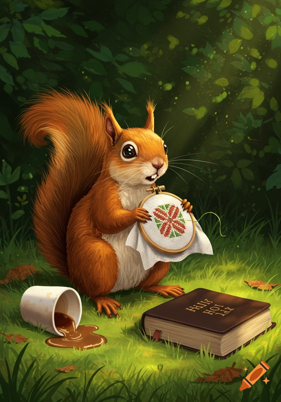 A cute, fluffy red squirrel sits on green grass, cross-stitching a red and green design. Next to it is a spilled coffee cup and a brown book. Illustrated style.