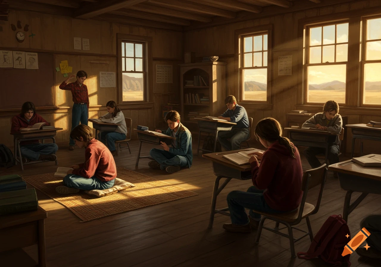 Students in a rustic classroom, some at desks and one on the floor, silently reading as sunlight streams through large windows.
