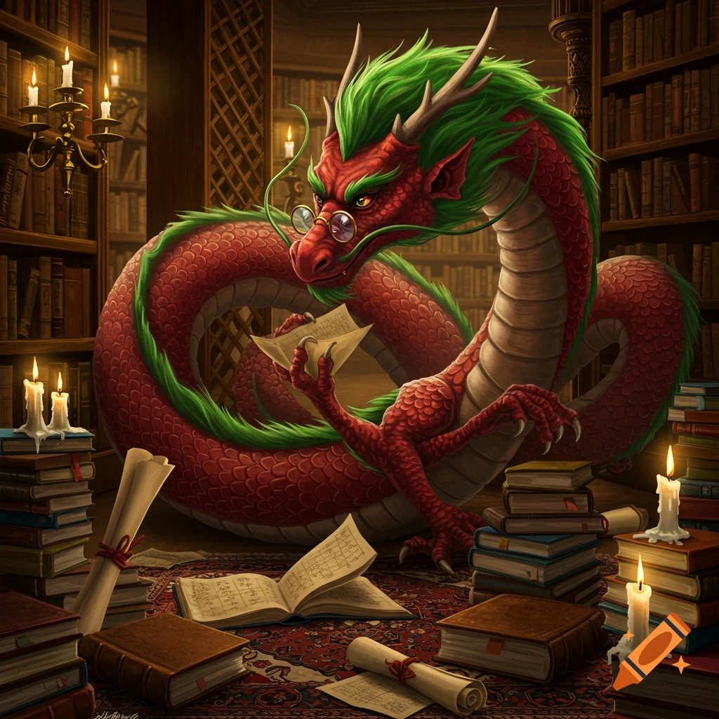 A large red and green Chinese dragon wearing glasses reads a book in a dimly lit library filled with books and candles.