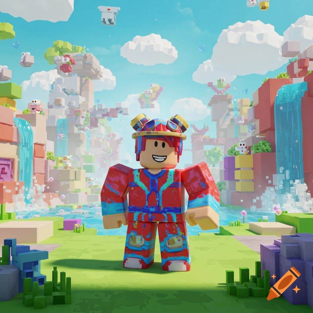 A Roblox avatar in a colorful, blocky fantasy world with waterfalls and floating islands under a blue sky.