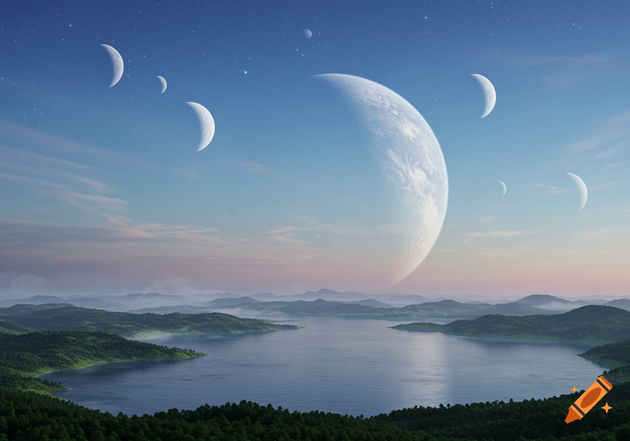 Vast alien landscape with a large lake, green hills, and a clear sky dominated by a giant planet and several crescent moons.