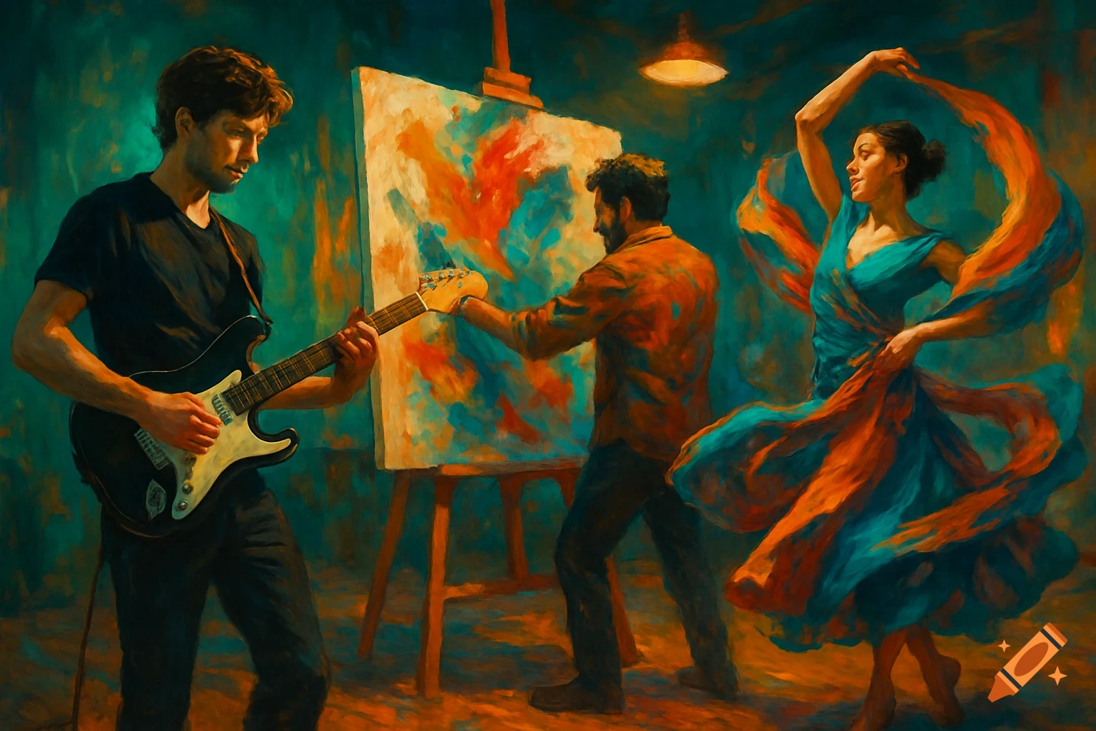 A painting of a man playing an electric guitar, another man painting on a canvas, and a woman dancing in a flowing dress.