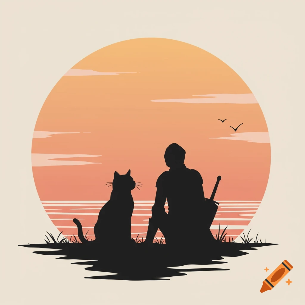 Silhouette of a cat and knight watching sunset over water in a minimalist style.
