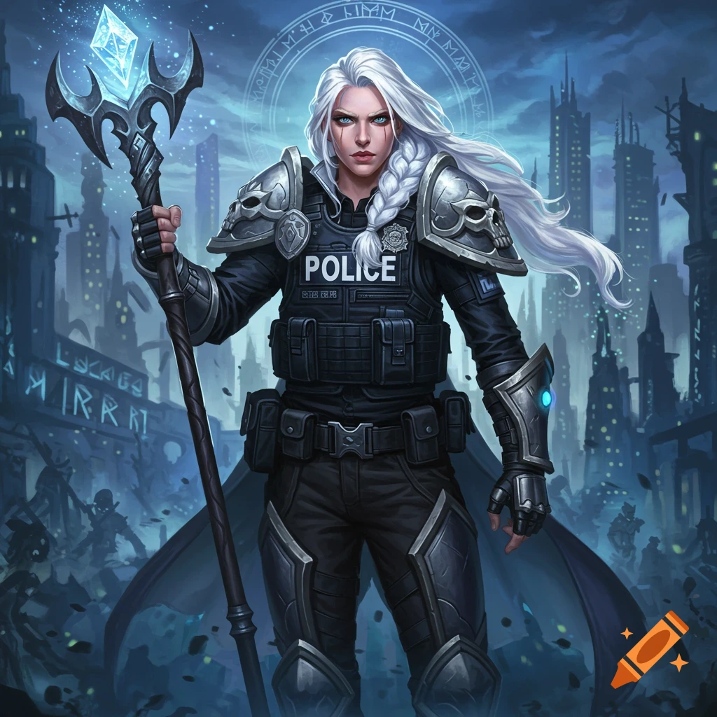 A white-haired, blue-eyed woman in police tactical gear and fantasy armor holds a glowing crystal staff against a dark, futuristic city background.