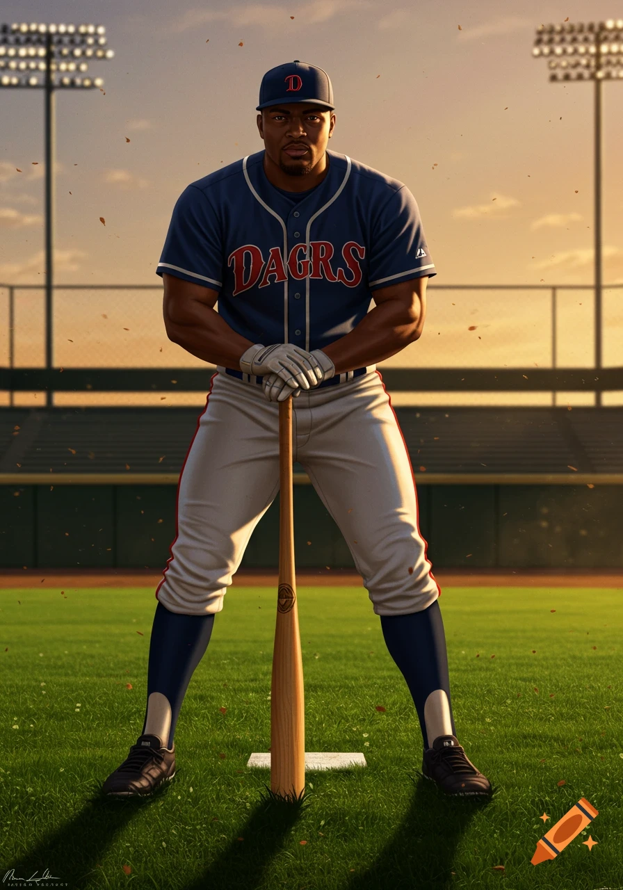 A baseball player in a blue and white uniform with 'DAGRS' on his chest, holding a bat on a green field with stadium lights in the background.