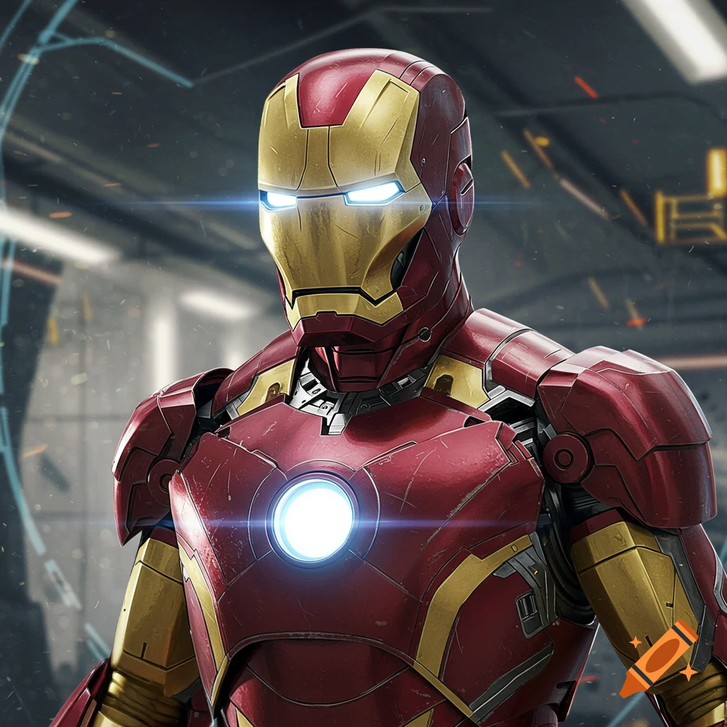 A detailed, photorealistic half-body shot of Iron Man in his red and gold suit with glowing eyes and arc reactor.