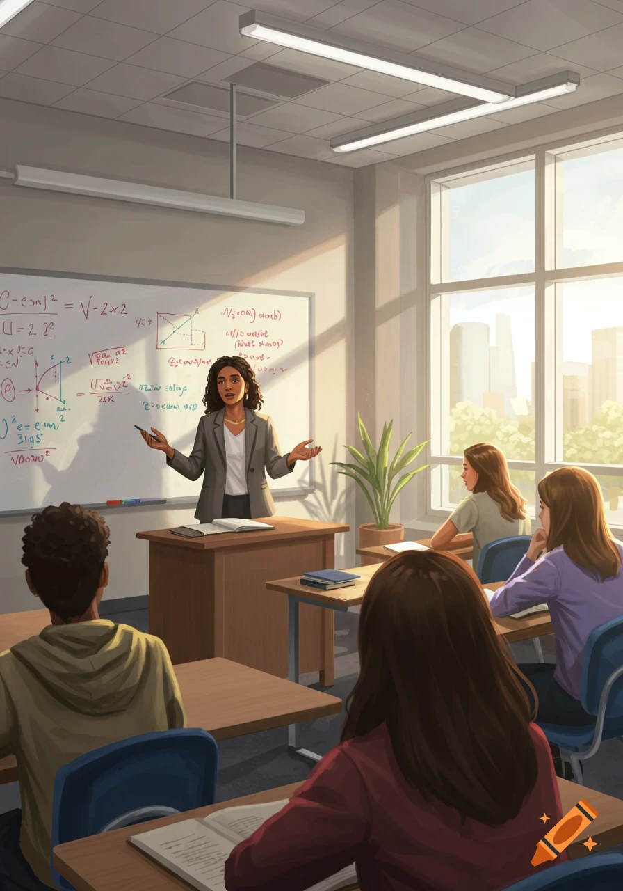 A female professor teaches students in a brightly lit classroom with equations on a whiteboard.