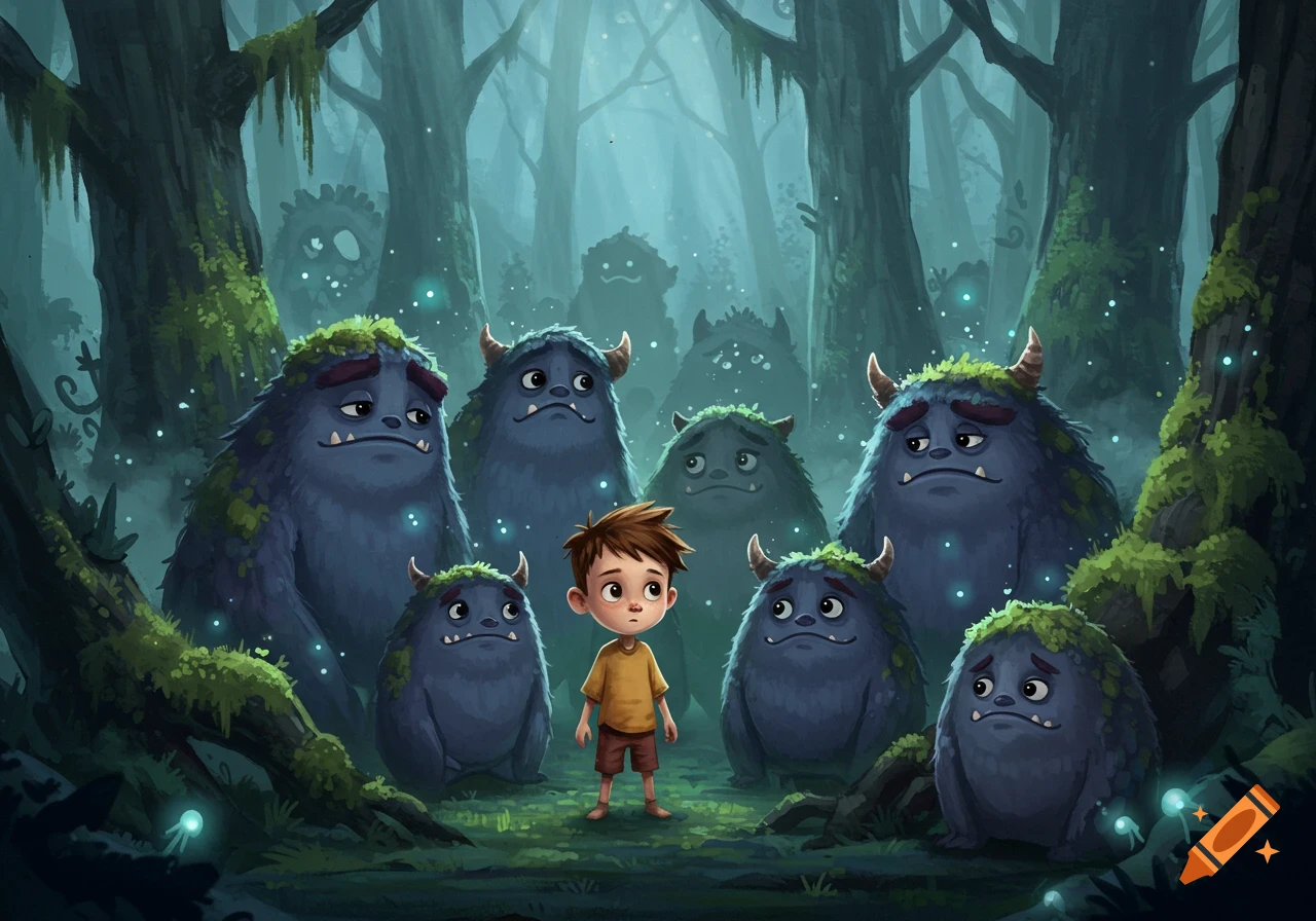 A small boy stands in a misty, dark forest surrounded by several large, blue, sad-looking, moss-covered monsters in an illustrated style.