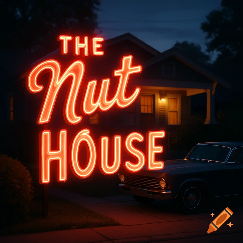 A bright red neon sign reading 'THE Nut HOUSE' stands in front of a dark house with a classic car parked in the driveway at night, photorealistic.