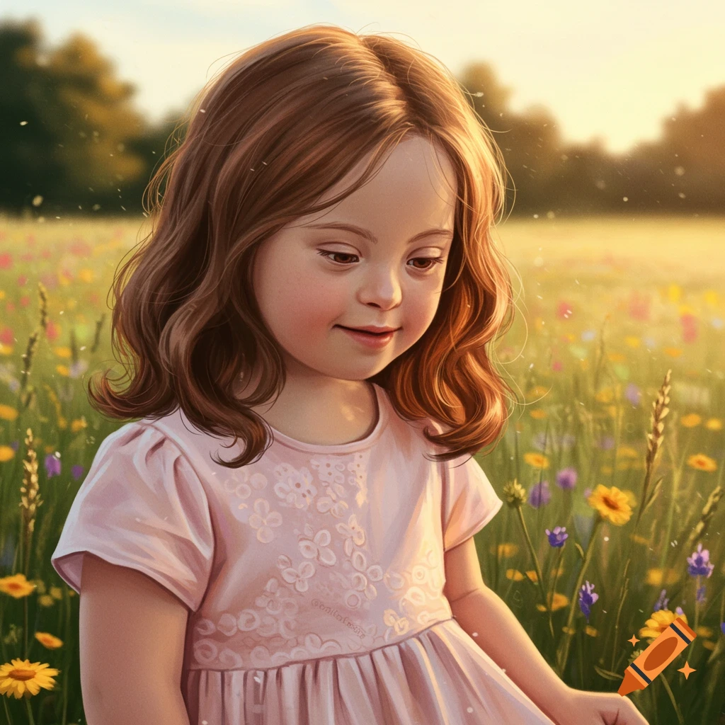 A young girl with brown hair looks down, smiling softly, in a sunlit field of wildflowers.